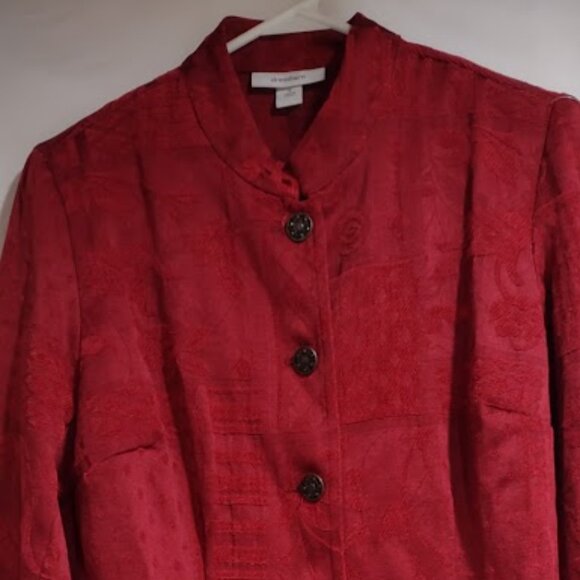 DRESS BARN RED VELVETY BLAZER 5 BUTTON HOLIDAY JACKET CHOKER COLLAR SIZE S - Picture 2 of 10